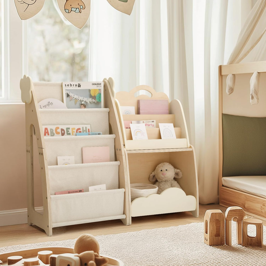 Kids Bookshelf with Storage, 3-Piece Modular Wooden Bookcase Organizer for Nursery, Bedroom, Playroom, Easy Assembly, Corner Shelf for Books & Toys, Natural Wood Design (A)