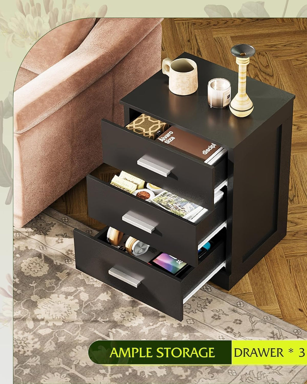 WLIVE Black Night Stand Set of 2 with 3 Drawers, Small Wooden Nightstand Sets, Bed Side Tables for Bedroom, Living Room, Dorm, Modern Minimalist Bedside Table, 12.9' D x 16' W x 21.6' H