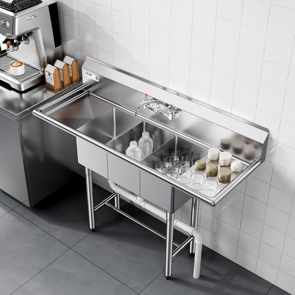 VEVOR 3 Compartment Sink, 18-Gauge 304 Stainless Steel, 10' x 14' x 10' Bowl Size, 3 Bay Commercial Kitchen Prep & Utility Sink with 2 Drainboards and Backsplash for Restaurant, Food Truck & Home Use