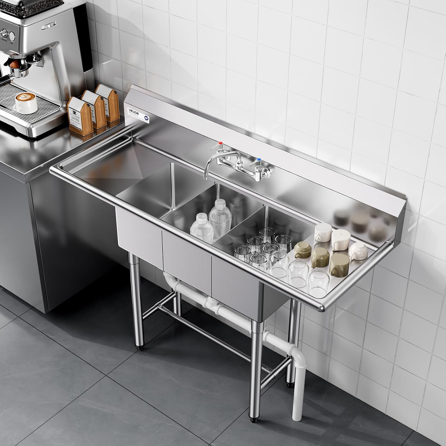 VEVOR 3 Compartment Sink, 18-Gauge 304 Stainless Steel, 10' x 14' x 10' Bowl Size, 3 Bay Commercial Kitchen Prep & Utility Sink with 2 Drainboards and Backsplash for Restaurant, Food Truck & Home Use