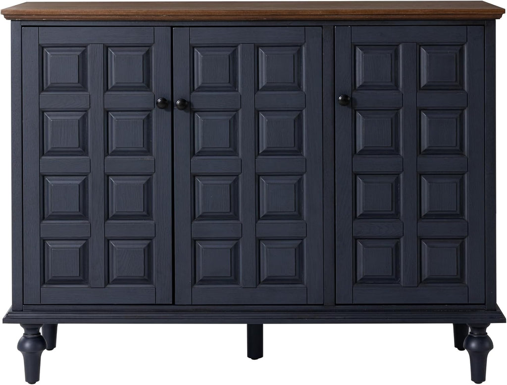 Aoikax Retro 3 Door Storage Cabinet with Plaid Pattern Front, Rustic Side Table for Bedroom, Living Room, Handles, Four Shelves, Pine Wood, Natural Wood, Dark Blue