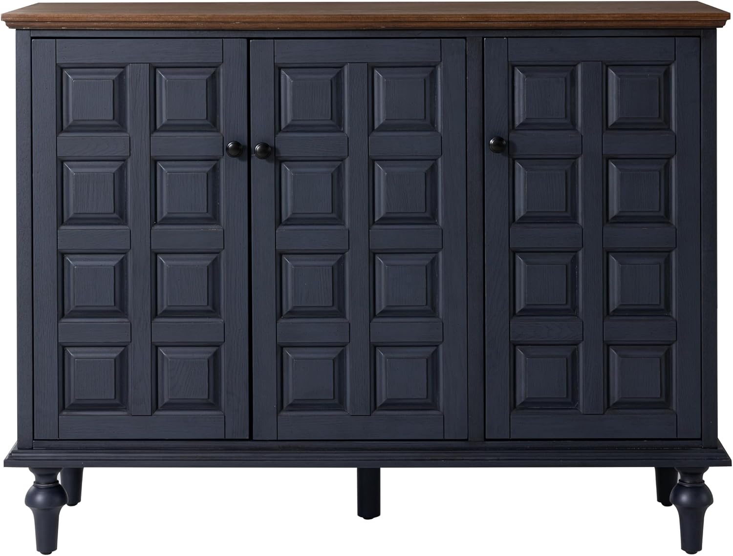 Aoikax Retro 3 Door Storage Cabinet with Plaid Pattern Front, Rustic Side Table for Bedroom, Living Room, Handles, Four Shelves, Pine Wood, Natural Wood, Dark Blue