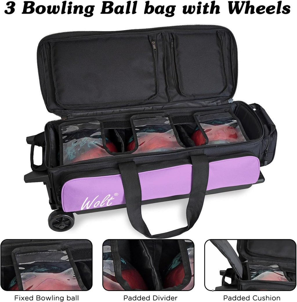 WOLT 3 Ball Bowling Bags with Wheels,Bowling Ball Bag 3 Ball Roller with Separate Shoe Compartment and Accessory Pocket, Retractable Handle Extends to 38''
