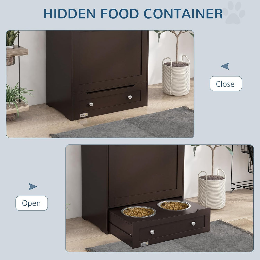 PawHut Dog Feeding Station with Raised Bowls, Dog Food Storage Cabinet with Hanger for Feeding & Watering Supplies, Pet Feeder Station, Brown