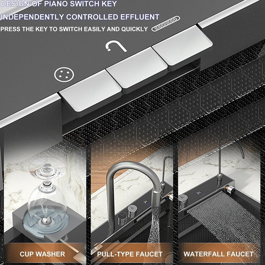 304 Stainless Steel Kitchen Sink Versatile Single-Bowl Kitchen Workstation Sink Waterfall Pull-Down Faucet and Complete Accessory Set (Black 75x46x21cm)