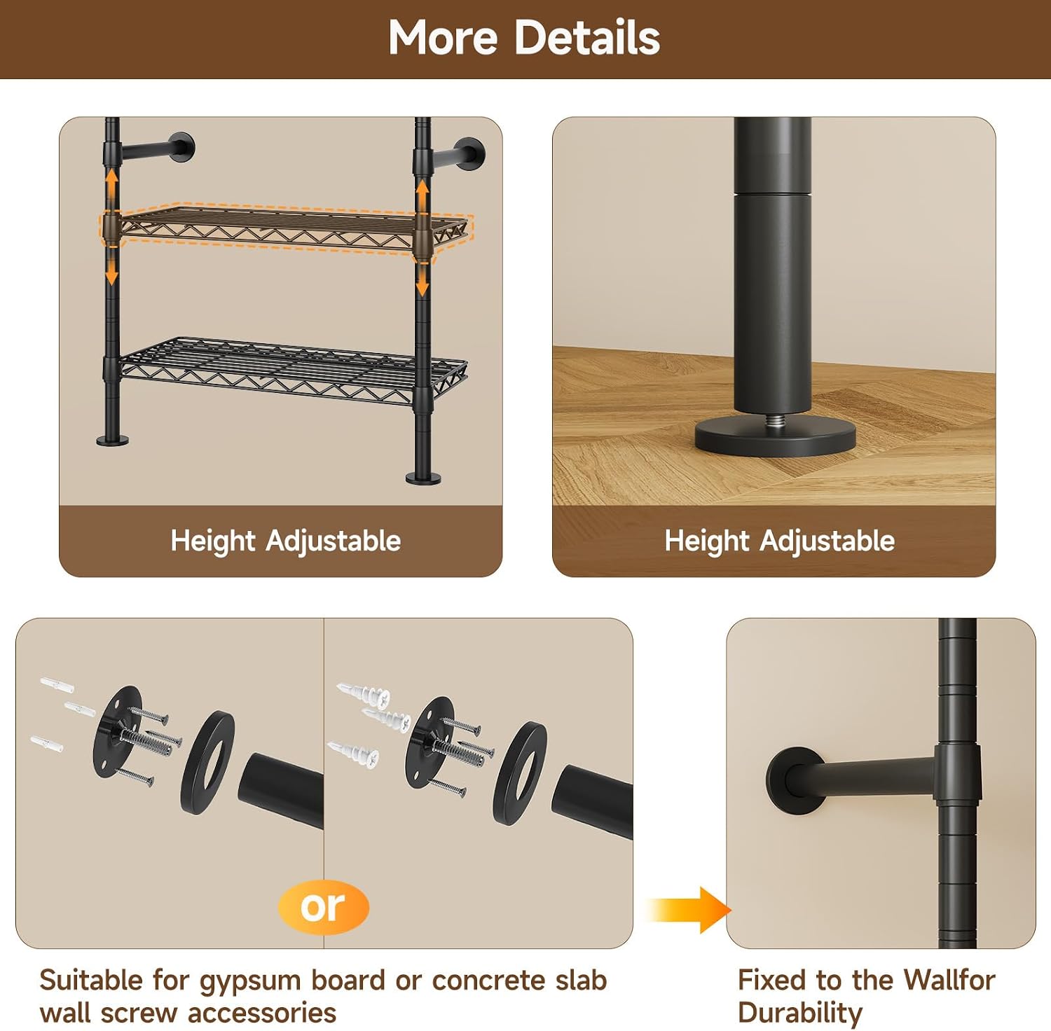 H6 Wall Mounted Closet System, Industrial Pipe Clothes Rack Clothing Racks with 6 Telescopic Rods & 3 Fixing Rods & 9 Shelves, Heavy Duty Closet Organizers and Storage in Wardrobe Closet (Black)