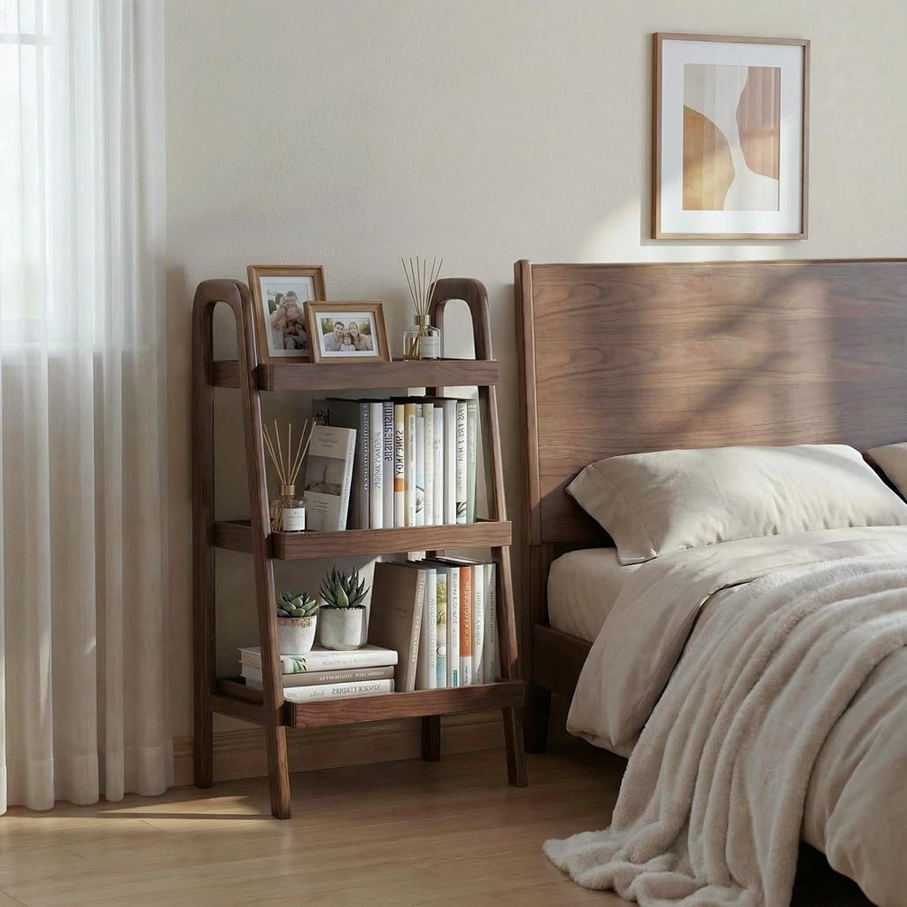 100% Solid Wood 3-Tiers Ladder Shelf, Small Bookcase, Ladder Bookshelf, End/Side Table for Living Room, Display Storage Open Shelf for Bedroom Kitchen Bathroom (Walnut Color)