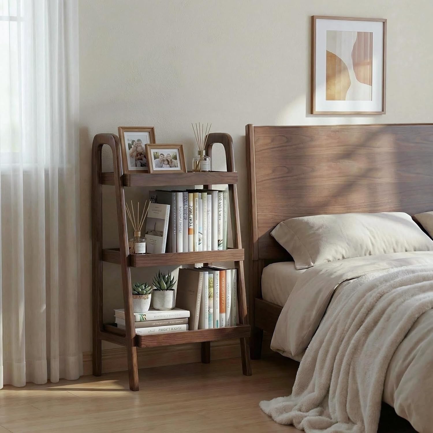 100% Solid Wood 3-Tiers Ladder Shelf, Small Bookcase, Ladder Bookshelf, End/Side Table for Living Room, Display Storage Open Shelf for Bedroom Kitchen Bathroom (Walnut Color)