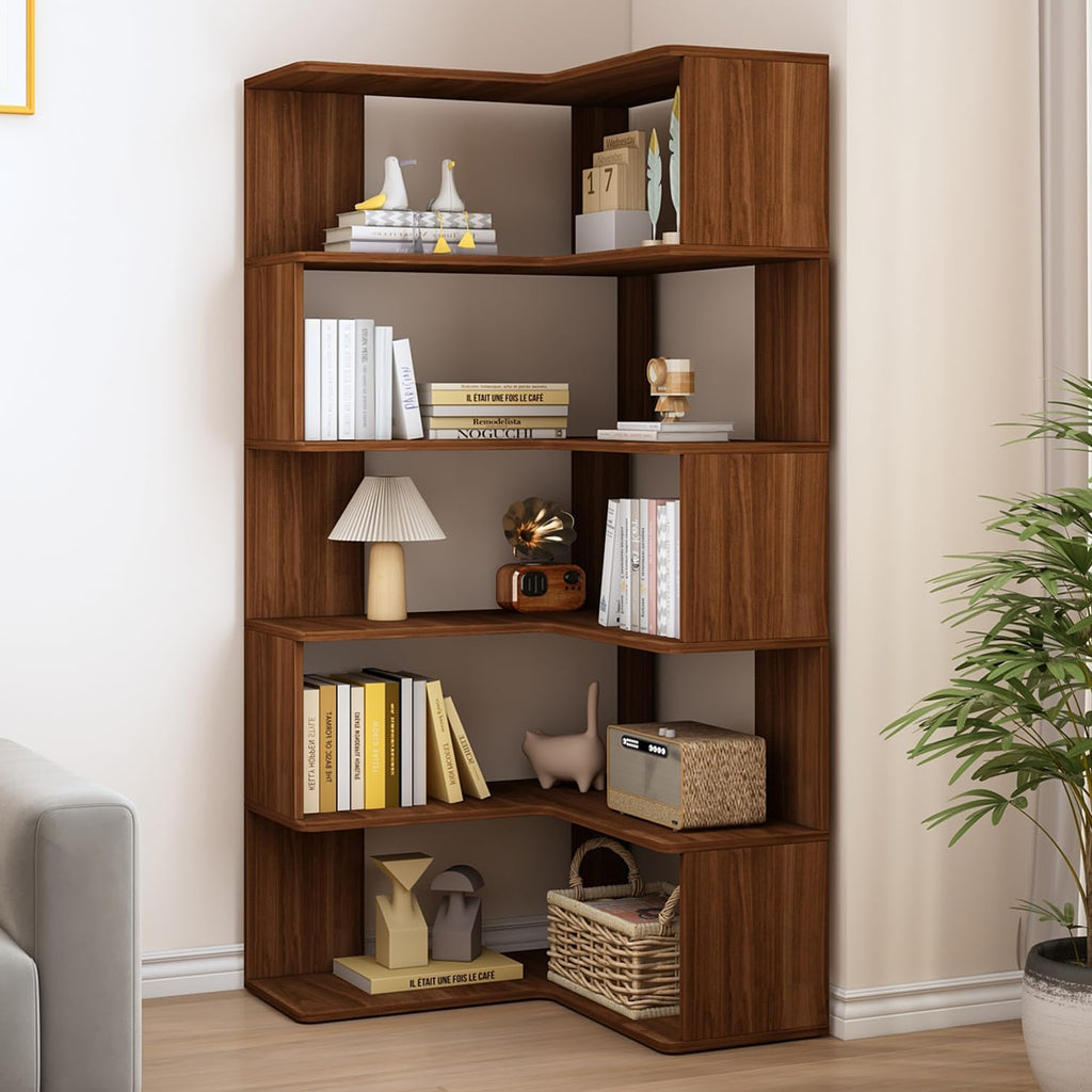 IOTXY 6-Tier L-Shaped Corner Bookshelf - 66' Tall Wooden Freestanding Bookcase with Open Shelf Units, Walnut