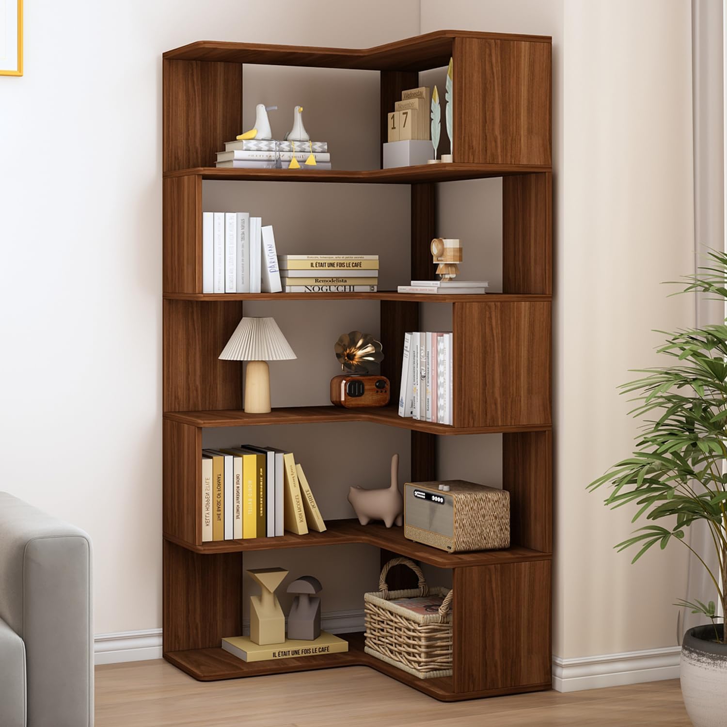 IOTXY 6-Tier L-Shaped Corner Bookshelf - 66' Tall Wooden Freestanding Bookcase with Open Shelf Units, Walnut