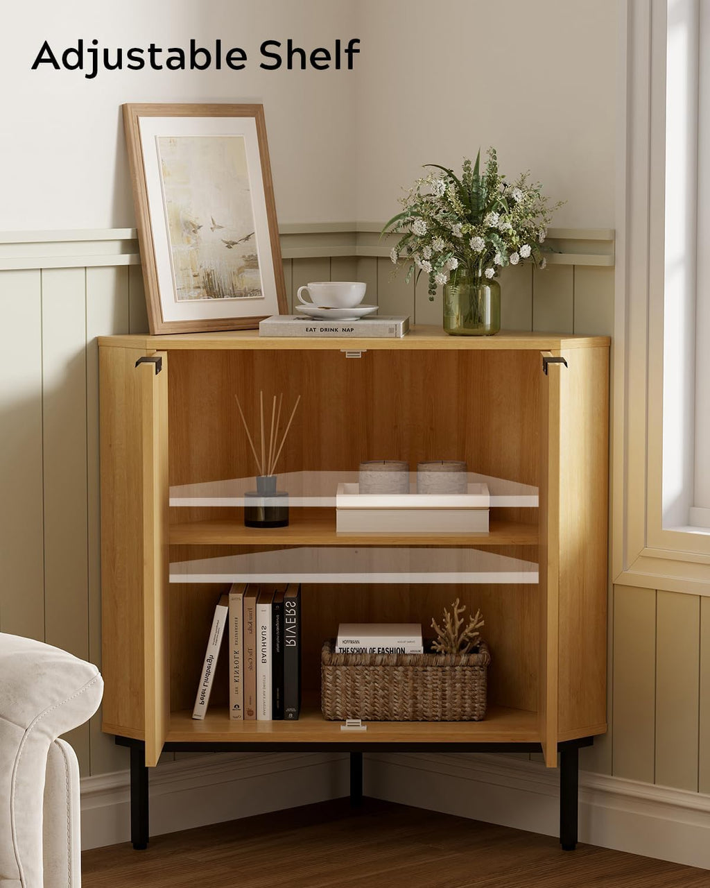 Modern Corner Cabinet, Fluted Small Floor Storage Cabinet with Adjustable Shelf, Freestanding Narrow Organizer for Living Room Kitchen, Natural Oak