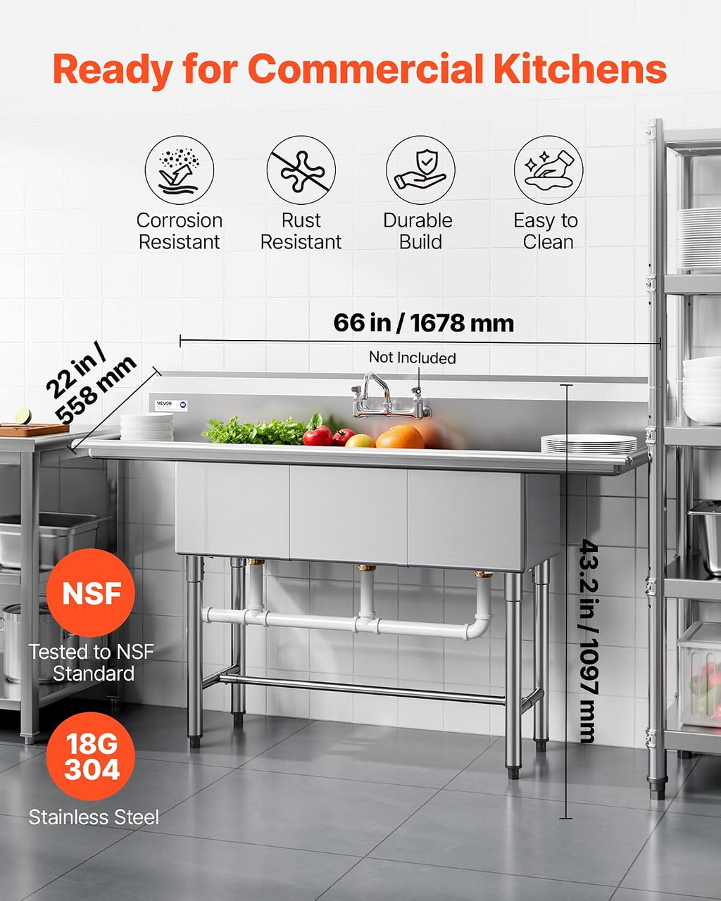 VEVOR 3 Compartment Sink, 18-Gauge 304 Stainless Steel, 14' x 16' x 11' Bowl Size, 3 Bay Commercial Kitchen Prep & Utility Sink with 2 Drainboards and Backsplash for Restaurant, Food Truck & Home Use