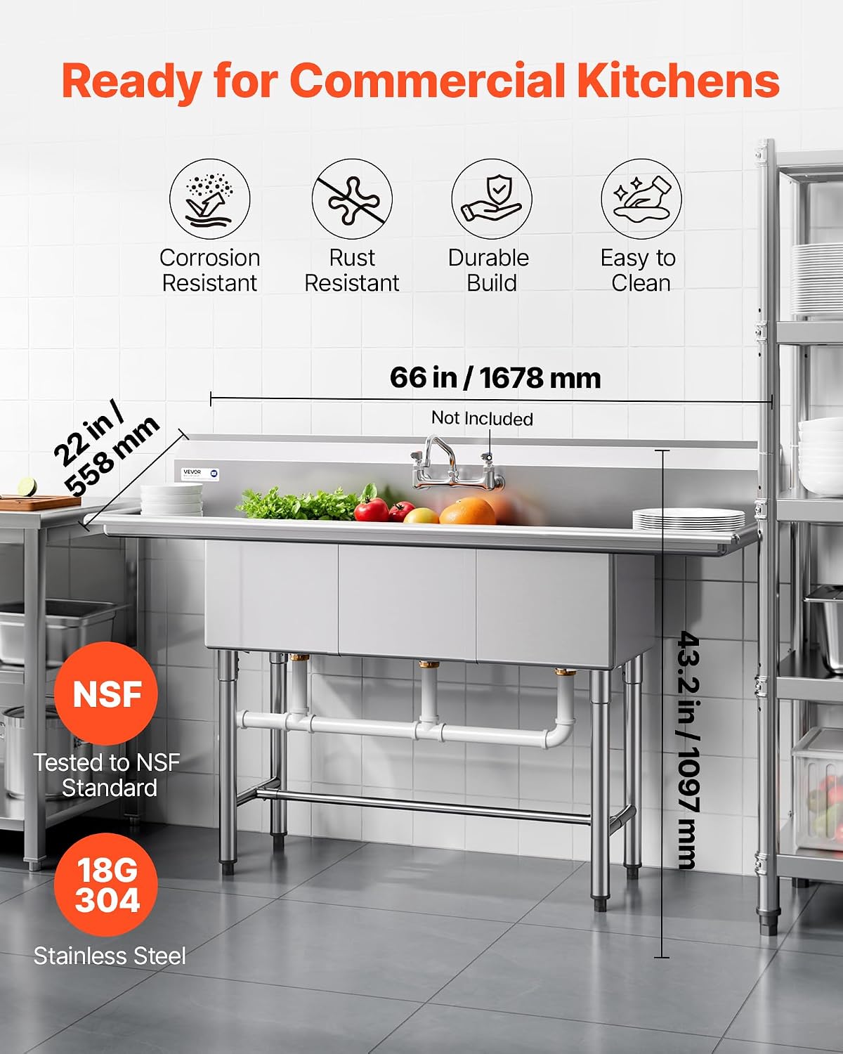 VEVOR 3 Compartment Sink, 18-Gauge 304 Stainless Steel, 14' x 16' x 11' Bowl Size, 3 Bay Commercial Kitchen Prep & Utility Sink with 2 Drainboards and Backsplash for Restaurant, Food Truck & Home Use