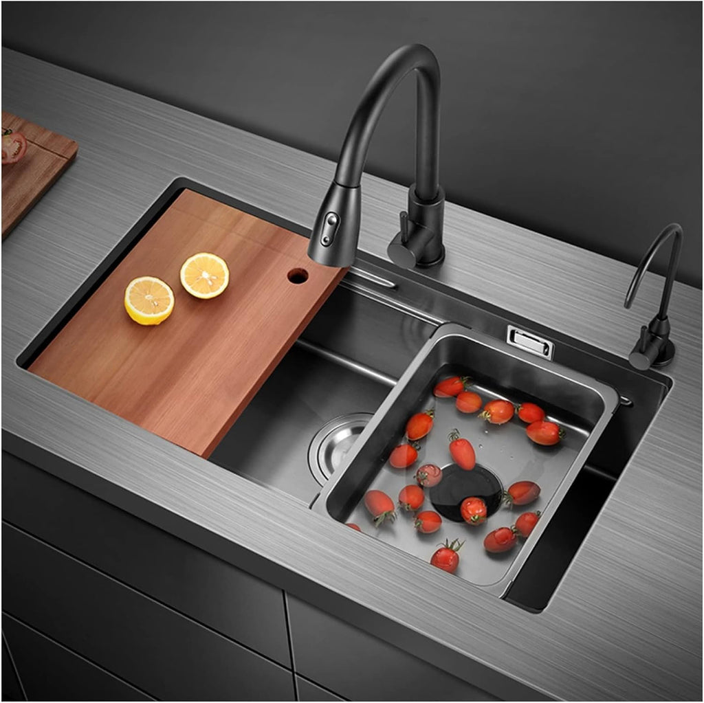 304 Stainless Steel Kitchen Sink Multi-functional Ladder Type Bar Sink Under Mount RV Sink Single Bowl Sink with Pull-Out Faucet and Drainage Components (Color : Black, Size : 75x41x21cm) (Black 7