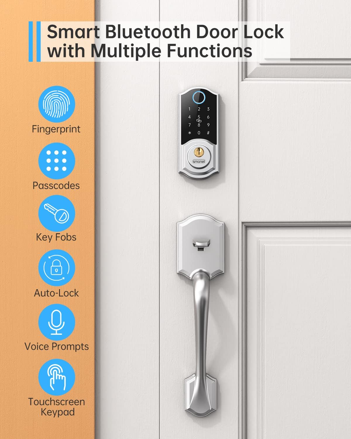 Smart Front Door Lock Set: SMONET Keyless Entry Door Lock with Handle, Front Handle Set Fingerprint Smart Deadbolt Bluetooth Electronic Digital Keypad, Alexa Unlock Silver