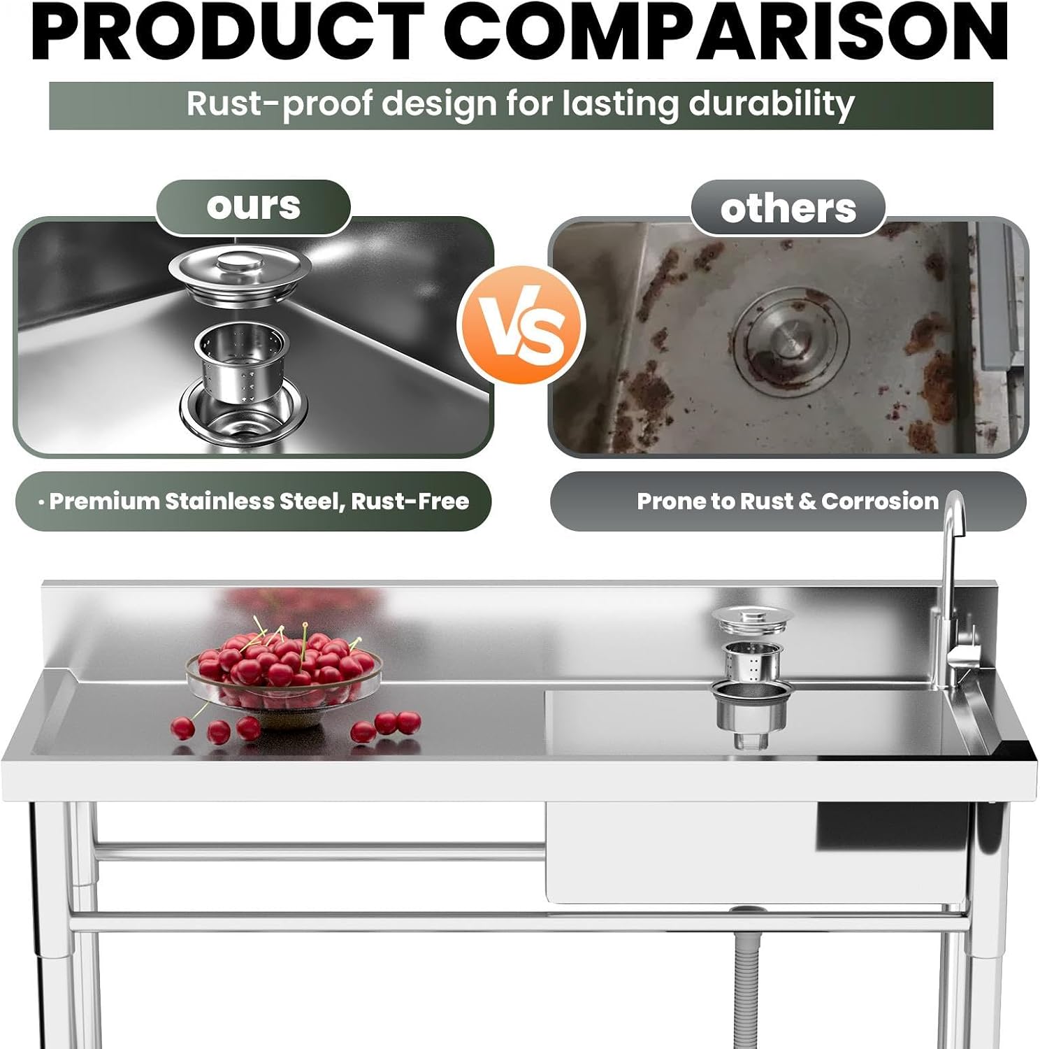 304 Stainless Steel Commercial Triple Bowl Sinks with 20' L x 13' W x 8' D Bowl, 47.3 inch Free Standing Sink Station, Restaurant Sink for Home Bar Restaurant Loading 286 Lbs