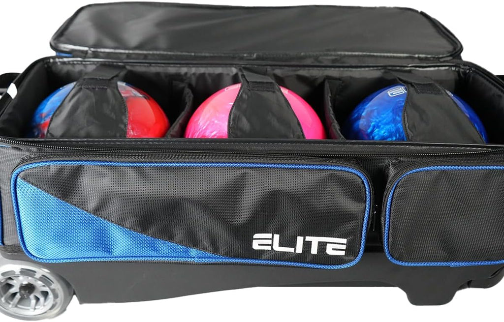 ELITE Deluxe 3 Ball Roller Bowling Bag with 5' Smooth Wheels - 4 Large Accessory Pockets, Shoe Compartment, Extendable Handle - USB Charging Port