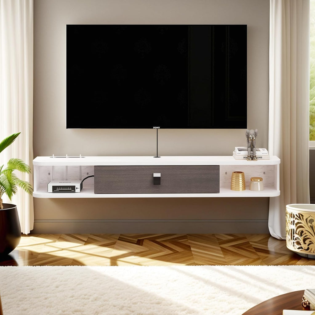 Pmnianhua Floating TV Console,63'' Wall-Mounted Media Console TV Cabinet Floating TV Stand Entertainment Shelf with Door and Storage (Grey White)