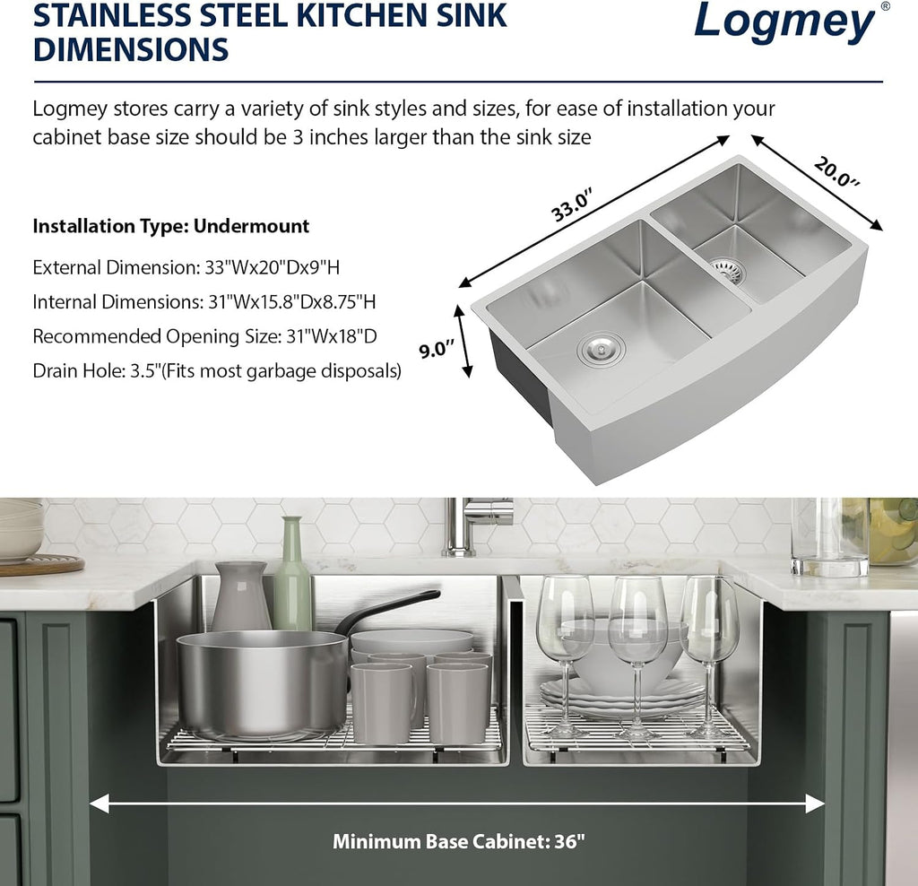 Logmey 33 Inch Farmhouse Sink 60/40 Double Bowl Kitchen Sink Apon Front Sink 16 Gauge 304 Stainless Steel Farm Sinks 33x20x9
