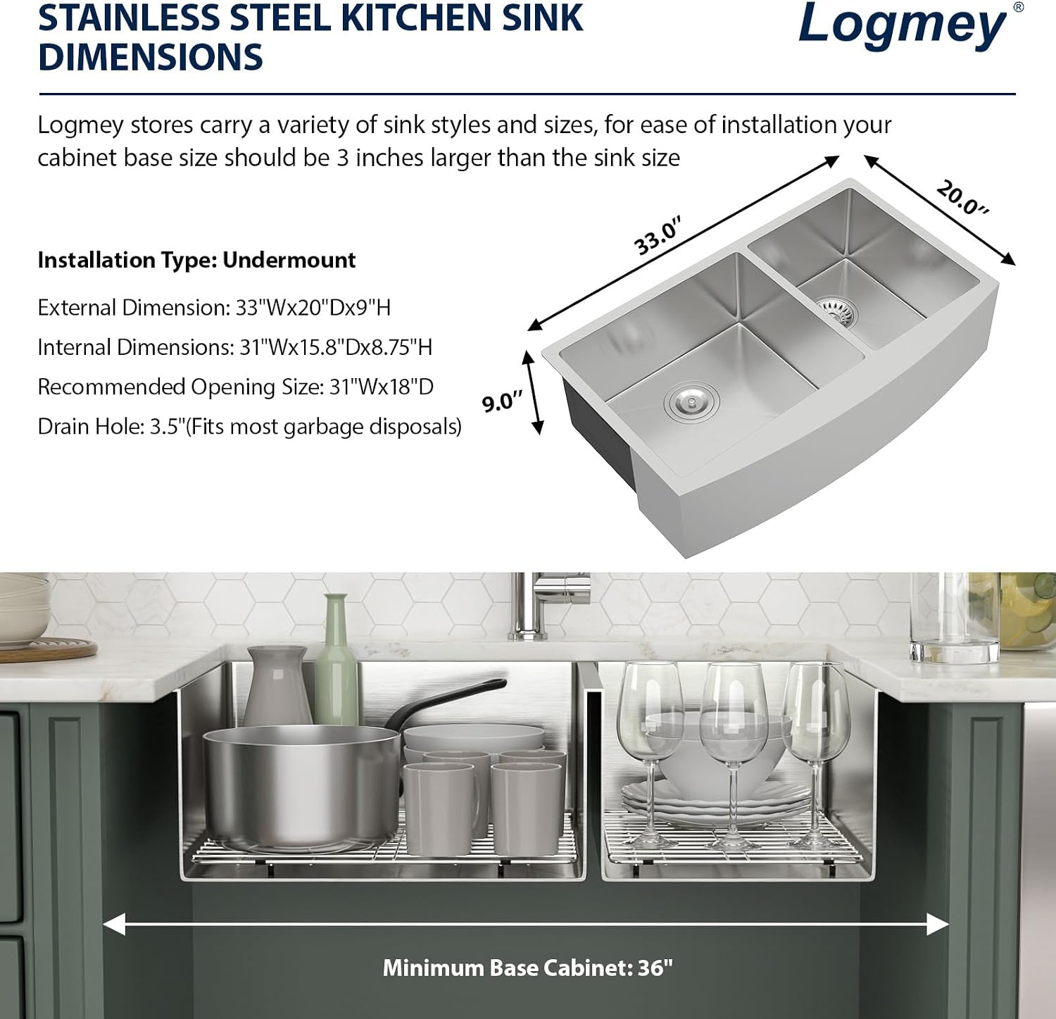Logmey 33 Inch Farmhouse Sink 60/40 Double Bowl Kitchen Sink Apon Front Sink 16 Gauge 304 Stainless Steel Farm Sinks 33x20x9
