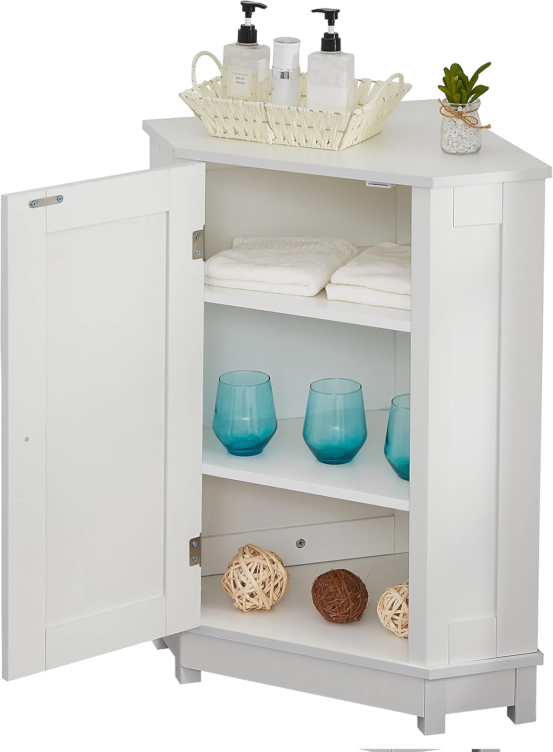 Merax Corner Cabinet White Bathroom Floor Storage with Adjustable Shelves for Kitchen, Living Room