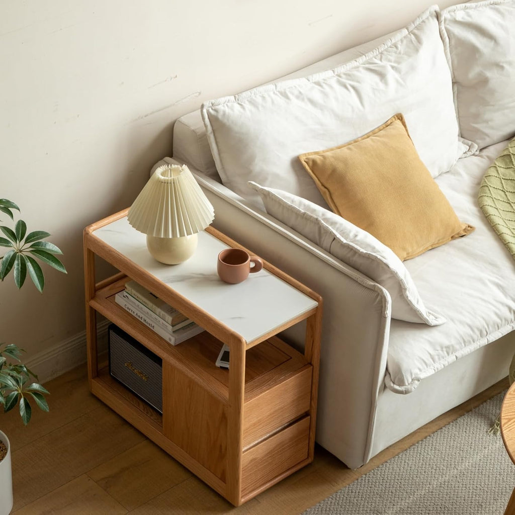 100% Solid Wood Side Table with Storage, Narrow End Table with 2 Drawers, Slim Nightstand and Small Bedside Table with Wheels for Living Room Kitchen Bedroom(Natural, 15.75' D x 26.77' W x 21.65' H)