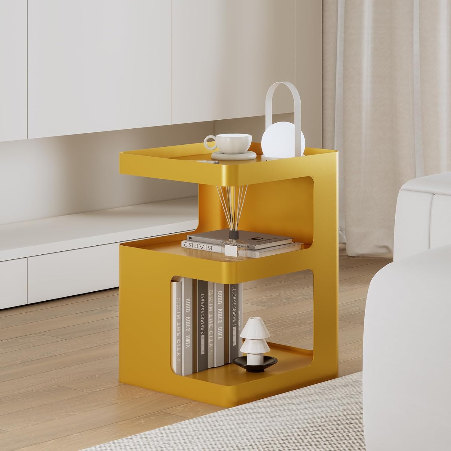 Gold Side Table,Modern end Table with Storage,Unique nightstand,Metal Small Bedside Table,3-Tier Accent Table for Bedroom,Living Room,Small Space,Couch.No Assembly Required