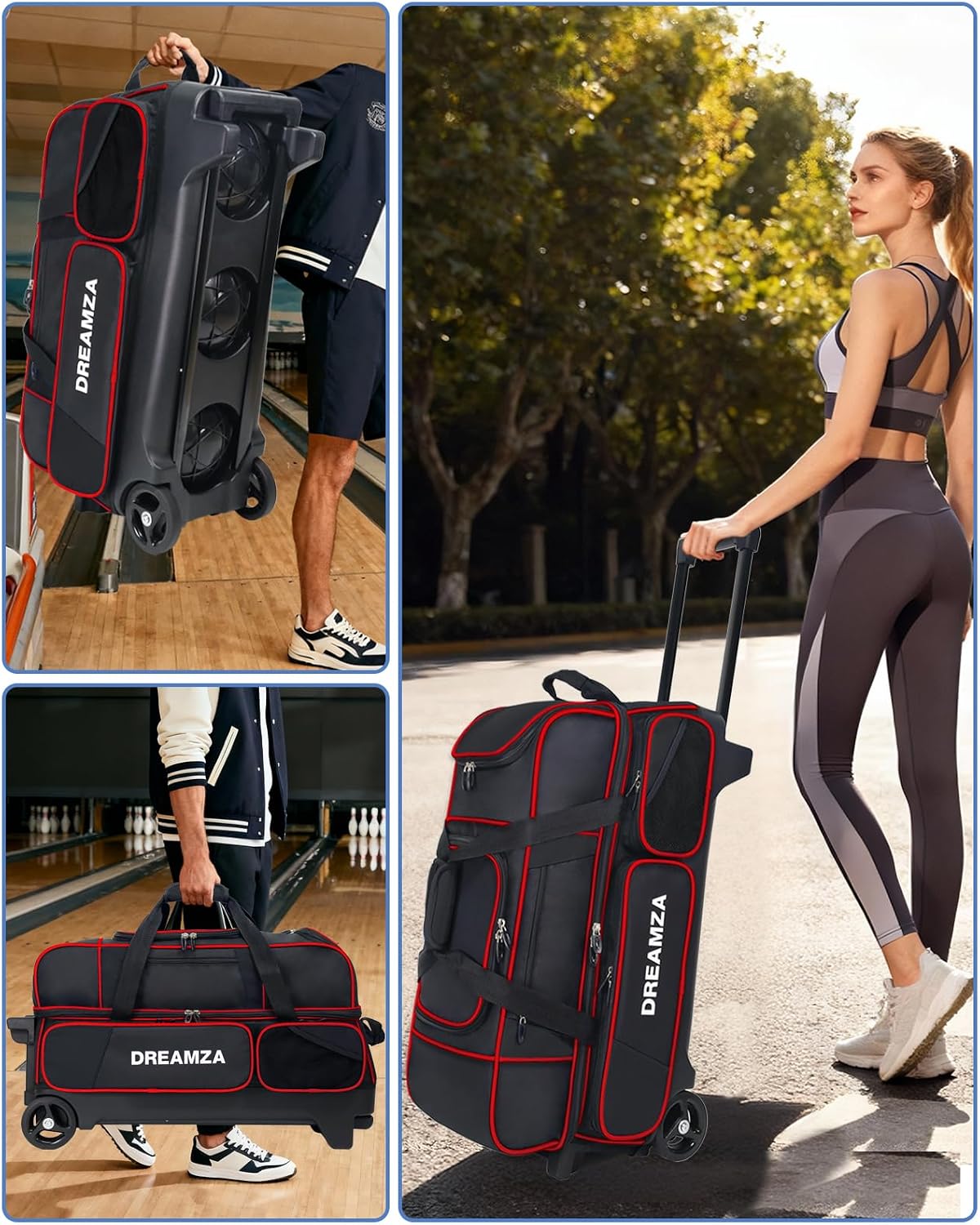 3 Ball Bowling Bags with Wheels & Shoe Pocket, Premium Bowling Ball Bag 3 Ball Roller, Effortless-Rolling 3 Ball Bowling Bag w/Multi-Storage Pockets & Telescopic Handle Extends to 40''