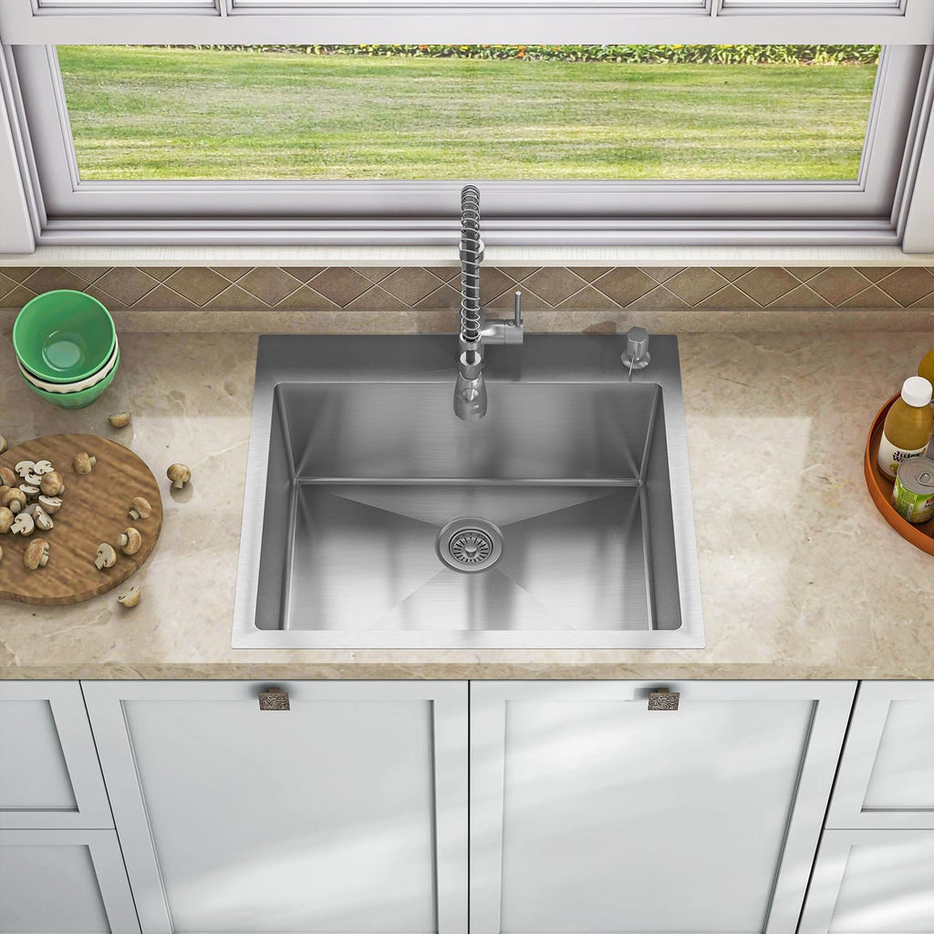 Sinber HT2522S-9-S 25' x 22' x 9' Drop In Single Bowl Kitchen Sink with 18 Gauge 304 Stainless Steel Satin Finish (Sink Only)
