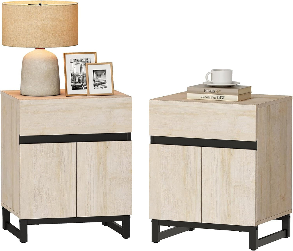 WAMPAT 2 Piece Modern End Table with 1 Drawer & 1 Storage Cabinet, Farmhouse Sofa Table, Wooden Rustic Side Sofa Table Metal Leg for Living Room, Nighstand for Bedroom, Light Oak