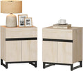 WAMPAT 2 Piece Modern End Table with 1 Drawer & 1 Storage Cabinet, Farmhouse Sofa Table, Wooden Rustic Side Sofa Table Metal Leg for Living Room, Nighstand for Bedroom, Light Oak