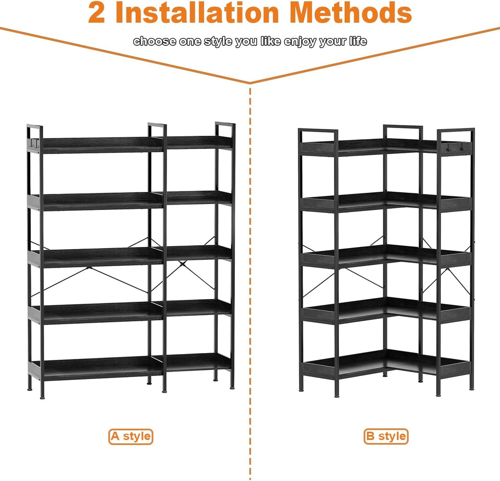 KOUSEI 5-Tier Corner Bookshelf, Reversible L-Shaped Bookcase with 4 Hooks, 65' Industrial Wood & Metal Storage Shelf for Living Room, Home Office & Bedroom, Black