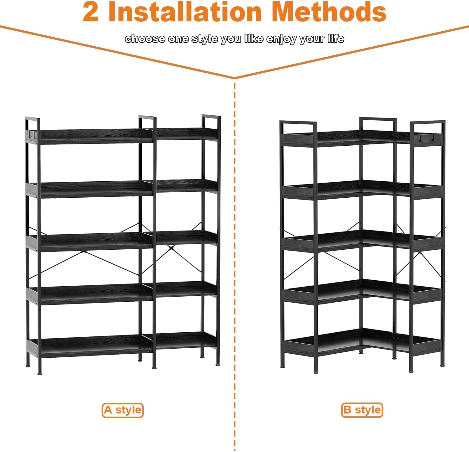 KOUSEI 5-Tier Corner Bookshelf, Reversible L-Shaped Bookcase with 4 Hooks, 65' Industrial Wood & Metal Storage Shelf for Living Room, Home Office & Bedroom, Black