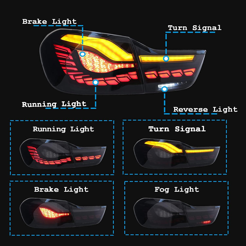 inginuity time LED Tail Lights For BMW M4 GTS F32 F33 F82 F36 F82 F83 2014-2020 With Sequential Indicator Rear Lamp Assembly (Smoked)