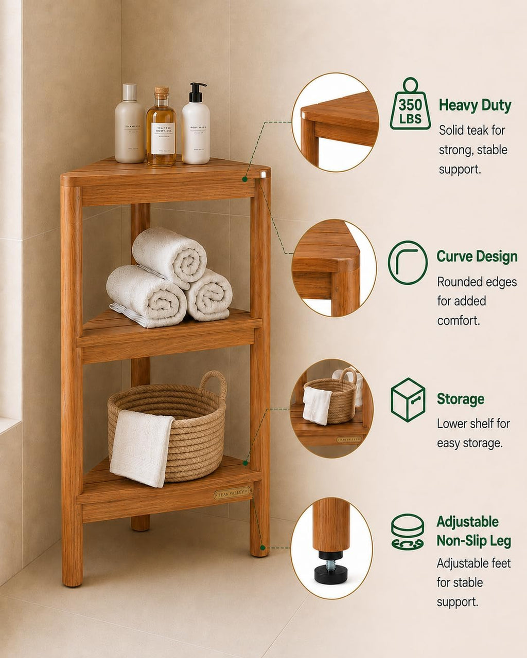 Fully Assembled Teak Corner Bath Shower Storage Stand, Corner Shelves, Shower Caddy 26.5'