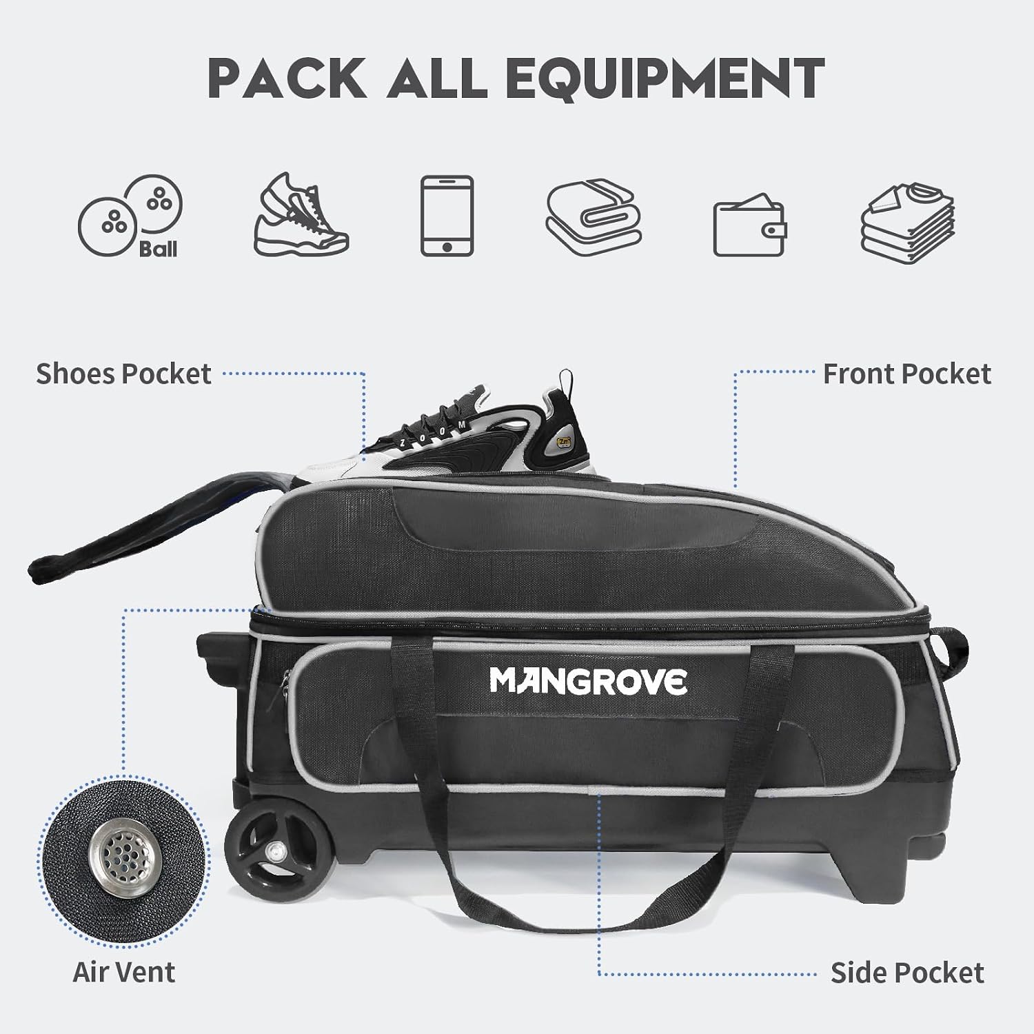 Mangrove 3 Ball Bowling Bag with Wheels & Shoe Compartment, Deluxe Bowling Ball Bag 3 Ball Roller, Rolling Triple-Ball Bag w/Accessory Pocket & Retractable Handle Extends to 40''