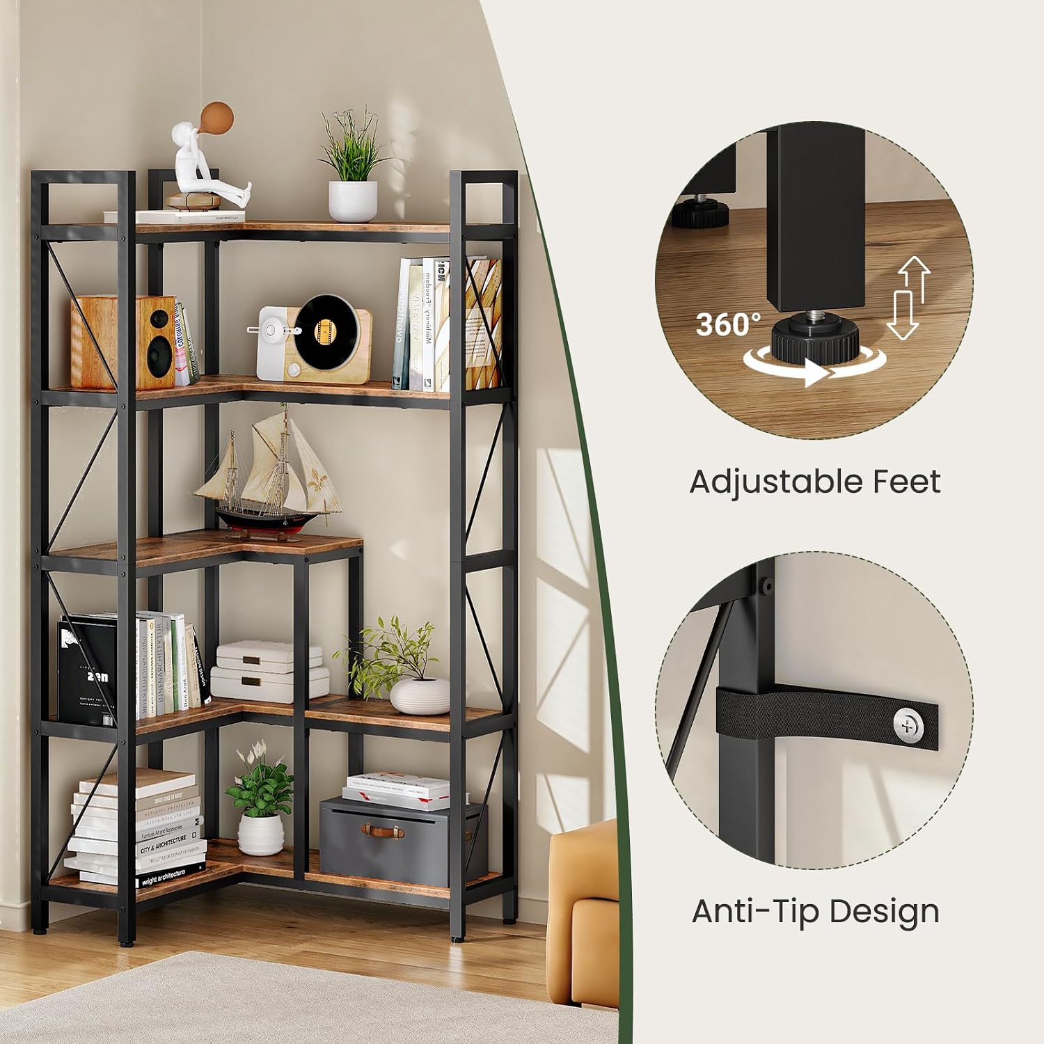 CHOEZON 5-Tier Corner Bookshelf, 65.5'' Tall L-Shaped Bookcase, Corner Storage Stand with Metal Frame, Display Storage Rack, for Living Room, Home Office, Bedroom, Rustic Brown TSJ12BF