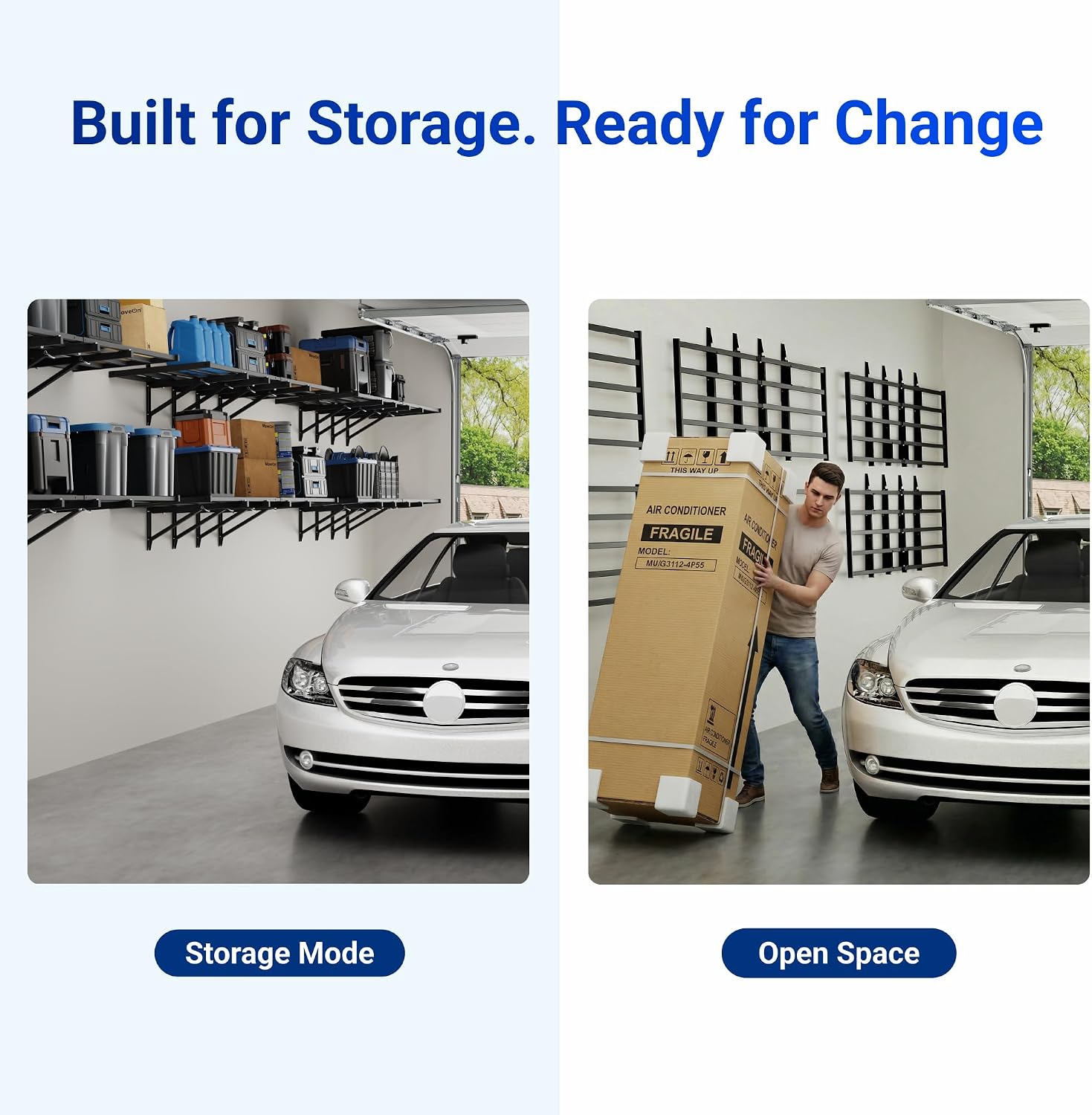 FLEXIMOUNTS Fold-Down 2x6ft Garage Wall Shelving, 2-Pack Heavy Duty Folding Garage Shelving Wall Mounted, 1800 lbs Capacity, Storage for Power Tools, Garden Supplies & Seasonal Storage, Lite Series