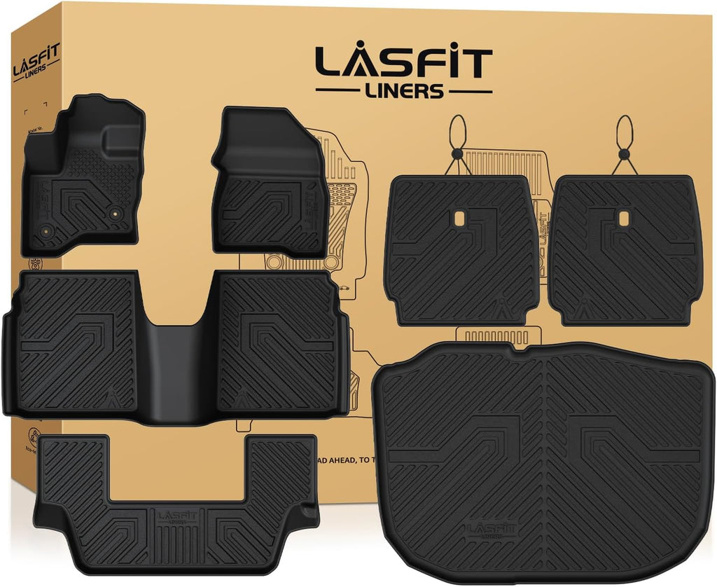 LASFIT All Weather Floor Mat Set for 2009–2019 Ford Flex & 2010–2019 Lincoln MKT – 3 Rows Custom Fit Floor Mats + Cargo Liner & Seat Back Protectors – Premium TPE Interior Full Coverage Protection