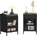 Modern Metal Side Tables Set of 2, End Tables with Glass Door, 2-Tier Nightstands with Storage Shelves, Accent Table, Slim Sofa Table for Living Room, Bedroom (Black)