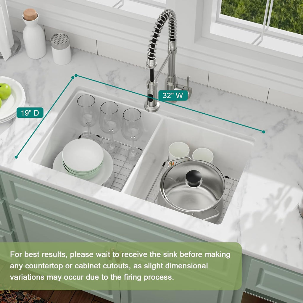 32 Inch White Undermount Kitchen Sink, 32'x19'x10' Fireclay Porcelain Sink, 50/50 Double Bowl Ceramic Kitchen Sinks Large Basin