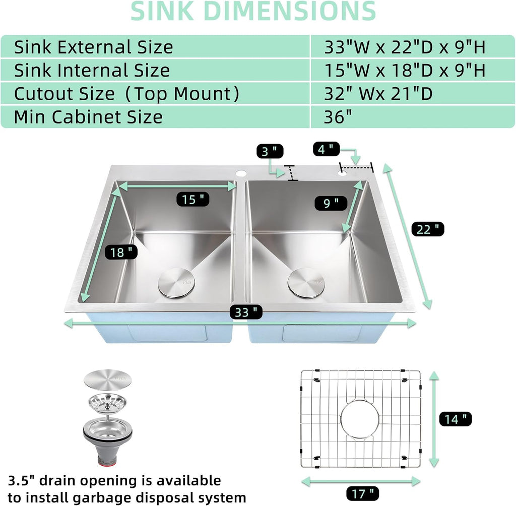PHS 33 Inch Drop In Double Bowl Kitchen Sink 50/50-16 Gauge Stainless Steel Overmount Kitchen Sink 33x22 with Accessories, 9 Inch Deep Sinks with Brushed Finish