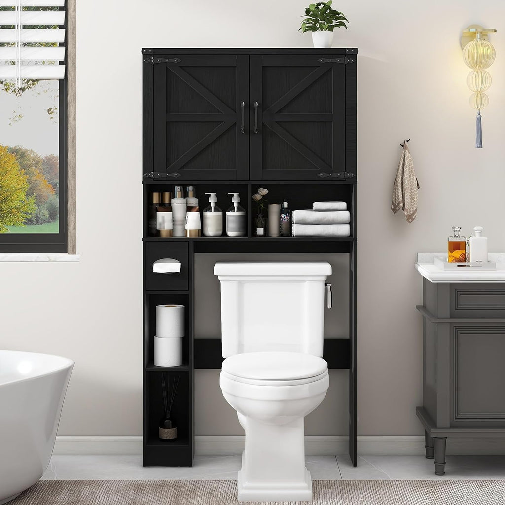 Vabches Over The Toilet Storage Cabinet, Farmhouse Storage Cabinet Over Toilet with 2 Barn Doors && Toilet Paper Holder Stand，Home Space-Saving Toilet Rack, for Laundry, Restroom, Bathroom.Pure Black