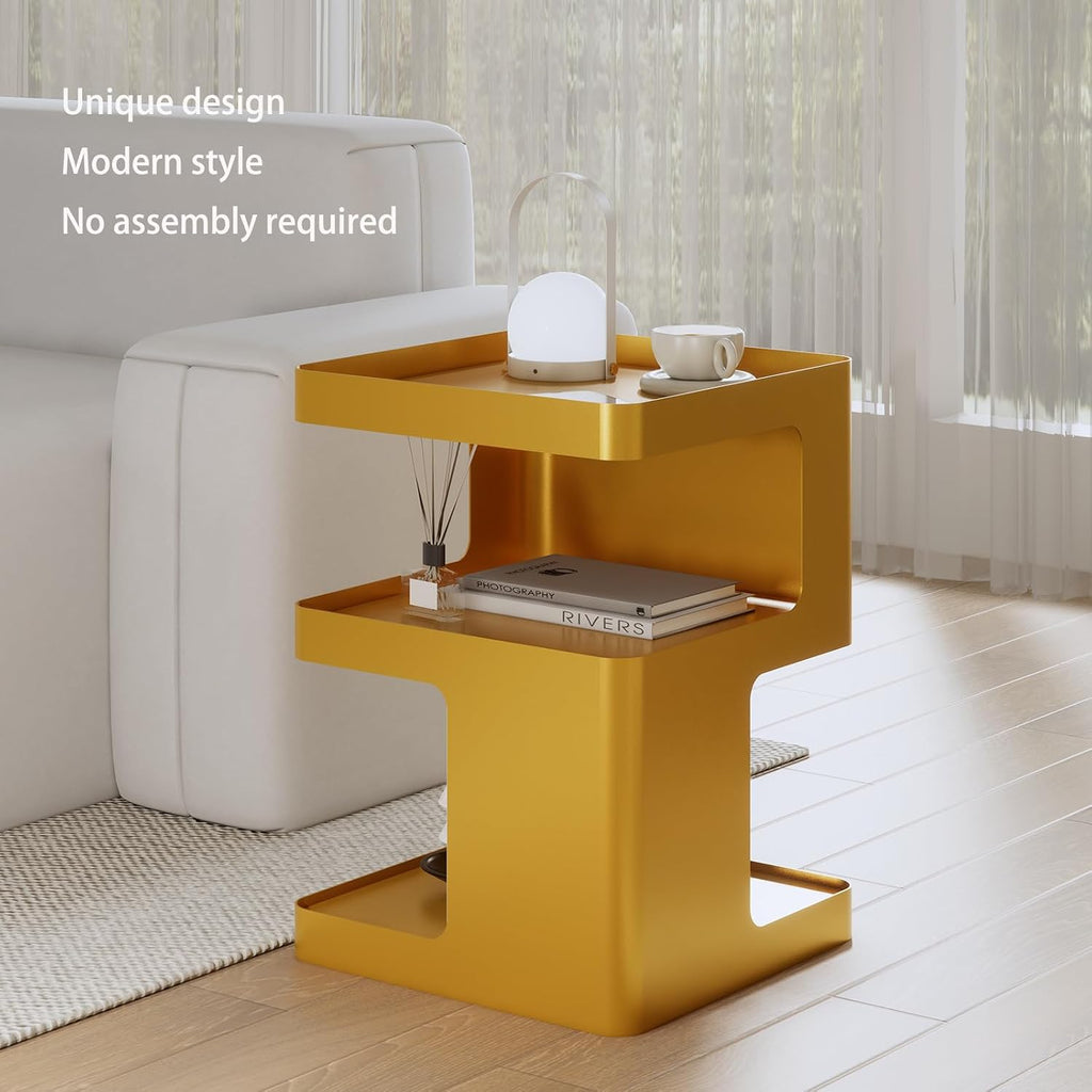 Gold Side Table,Modern end Table with Storage,Unique nightstand,Metal Small Bedside Table,3-Tier Accent Table for Bedroom,Living Room,Small Space,Couch.No Assembly Required