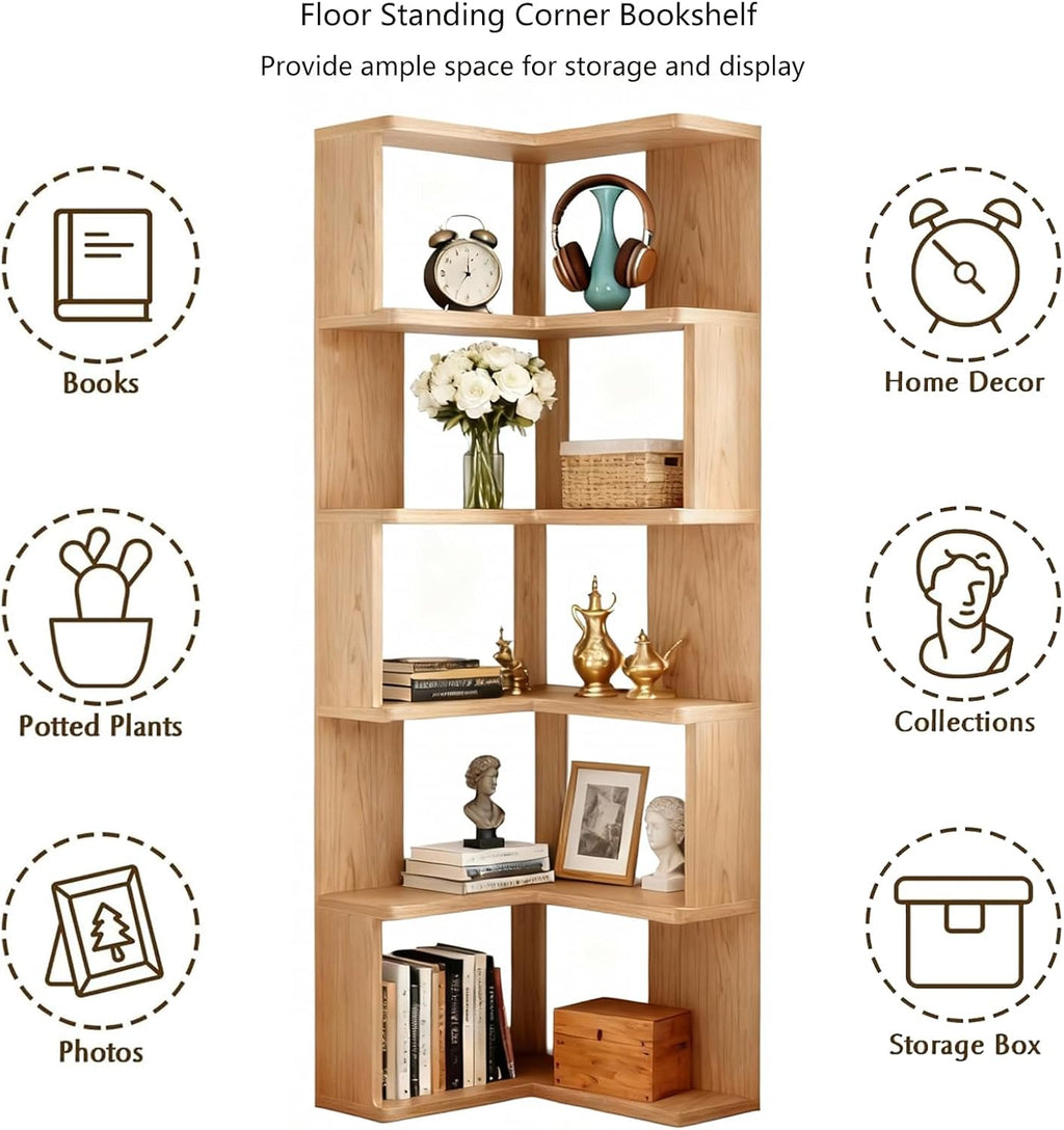 5-Tier Corner Bookshelf with Storage, Modern Geometric Bookcase, L-Shaped Book case estantes,Wooden Storage Shelves,for Home Office, Living Room, Bedroom (5-Tier)