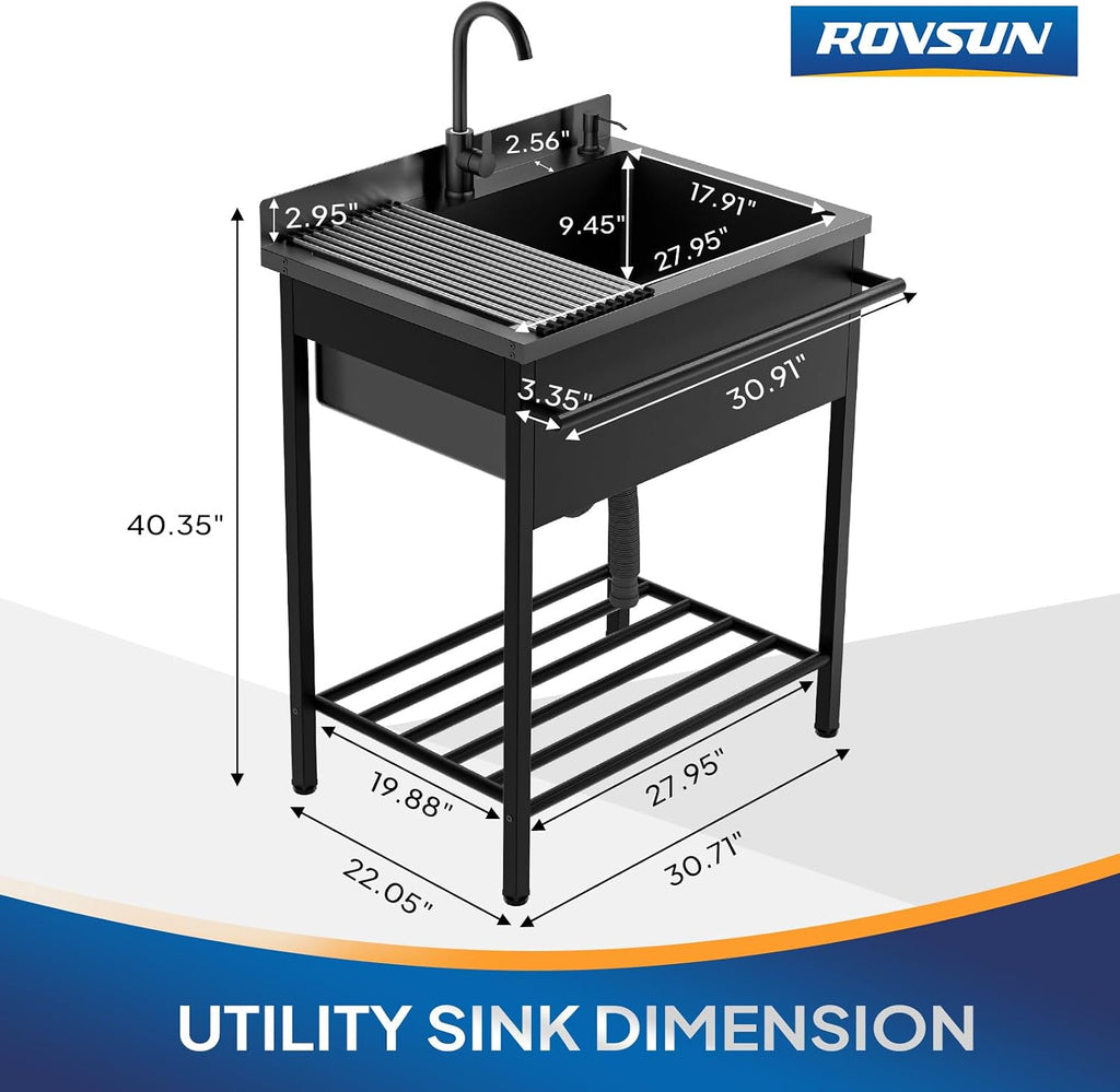 ROVSUN Stainless Steel Utility Sink, Free Standing with Faucet & Draining Rack for Laundry Room, Kitchen, Restaurant, Garage, Outdoor Garden, Backyard, Industrial 22'D x 30.71'W x 40.35'H Black
