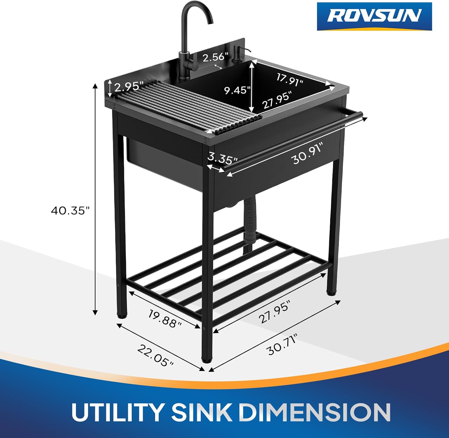 ROVSUN Stainless Steel Utility Sink, Free Standing with Faucet & Draining Rack for Laundry Room, Kitchen, Restaurant, Garage, Outdoor Garden, Backyard, Industrial 22'D x 30.71'W x 40.35'H Black