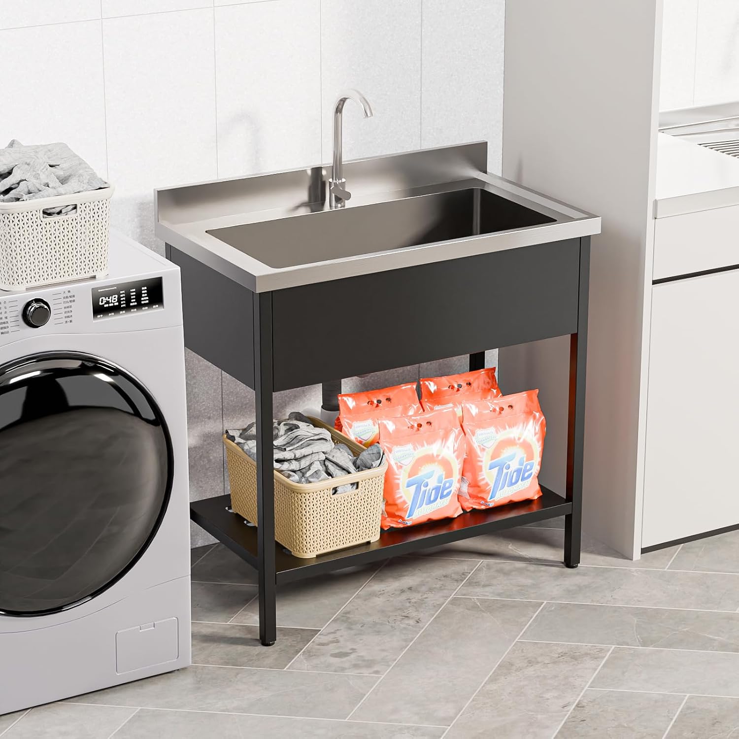 ROVSUN Stainless Steel Black Utility Sink, Free Standing Sink with Faucet & Legs for Laundry Room, Kitchen, Restaurant, Garage, Outdoor Garden, Backyard, Commercial, Industrial 20'D x 36'W x 38.39'H