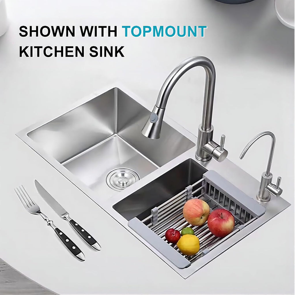 31' x 18' Silver Double Bowl Kitchen Sink, Drop-in/Topmount Overmount Kitchen Sinks with 304 Nano-Coated and Drainage Pipes & Fruit Basket