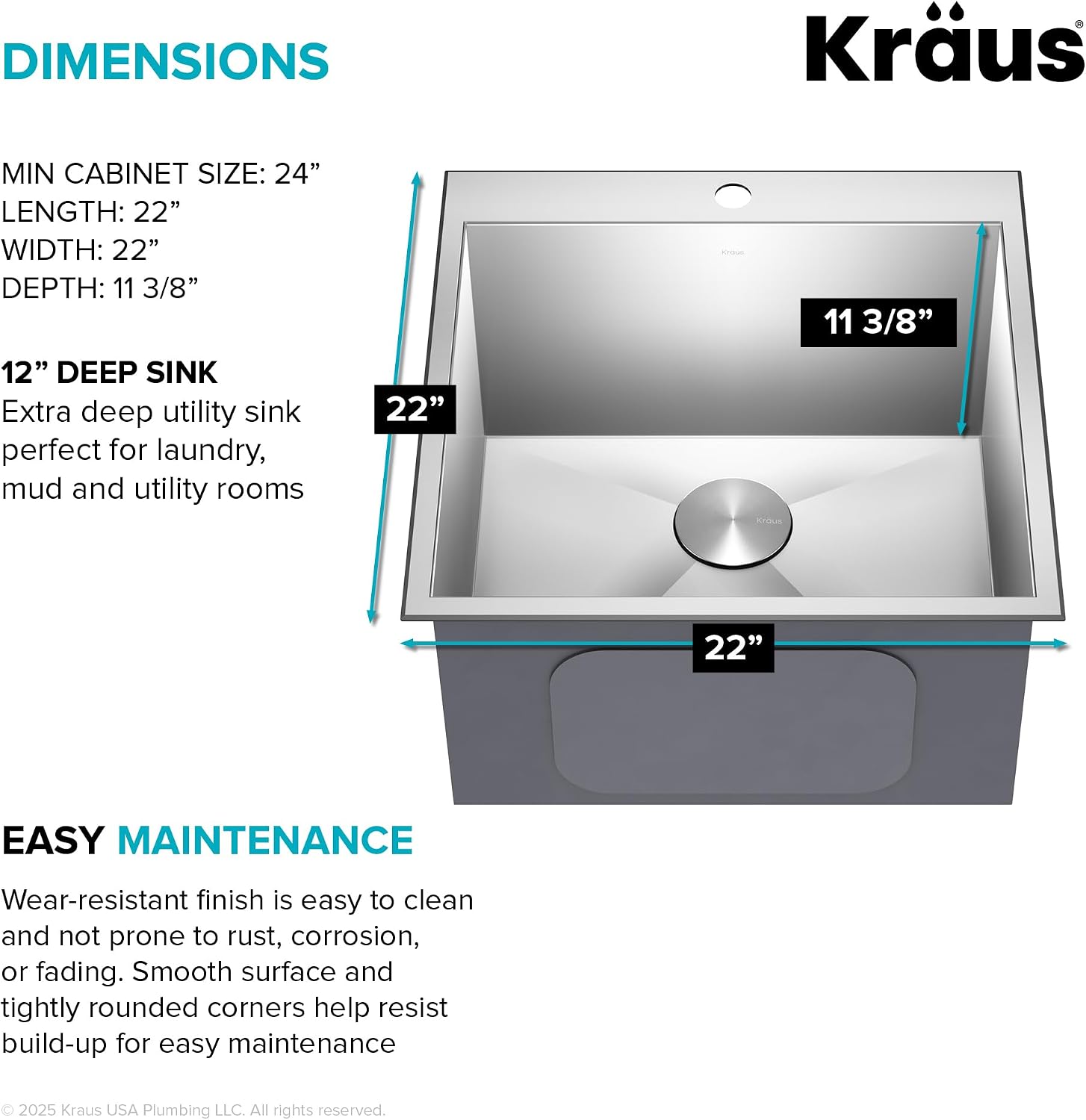 KRAUS Standart PRO 22-inch Drop-In Top Mount 16 Gauge Stainless Steel Single Bowl Laundry Utility Sink, KHT301-22L